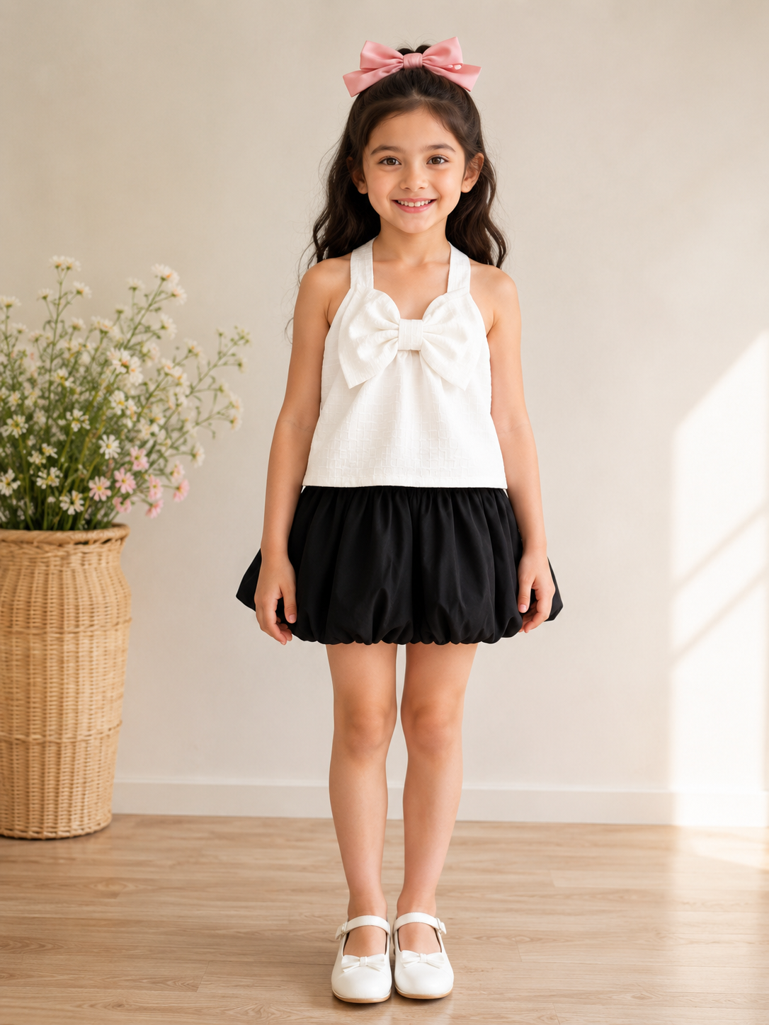 Elegant Bow Detail Bubble Hem Dress for Girls